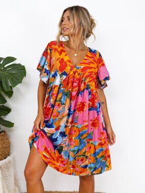 The Mint XL Beachy Floral Babydoll Dress Bright Boho Tropical Flowy Summer